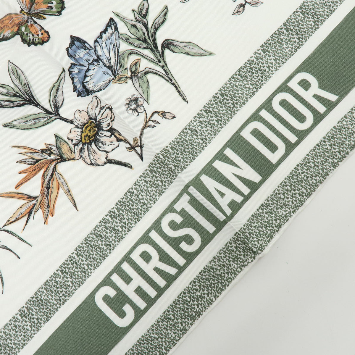 Christian Dior Silk 100% Butterfly Flower Motif Scarf Shawl Sage Green