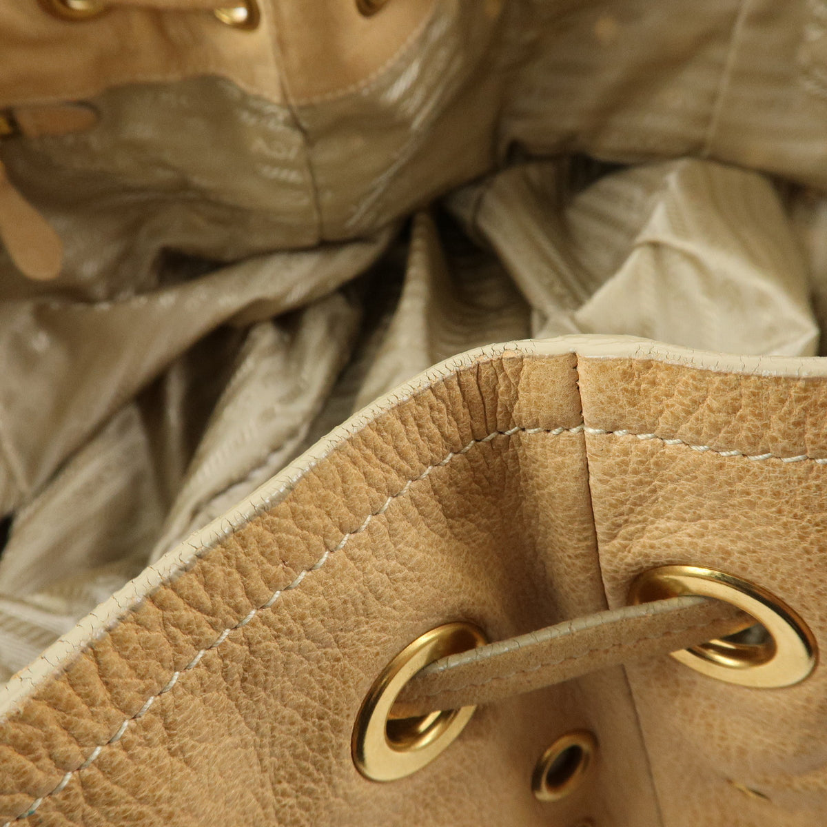 PRADA Triangle Logo Perforated Leather Tote Bag Tassel Beige BR3552