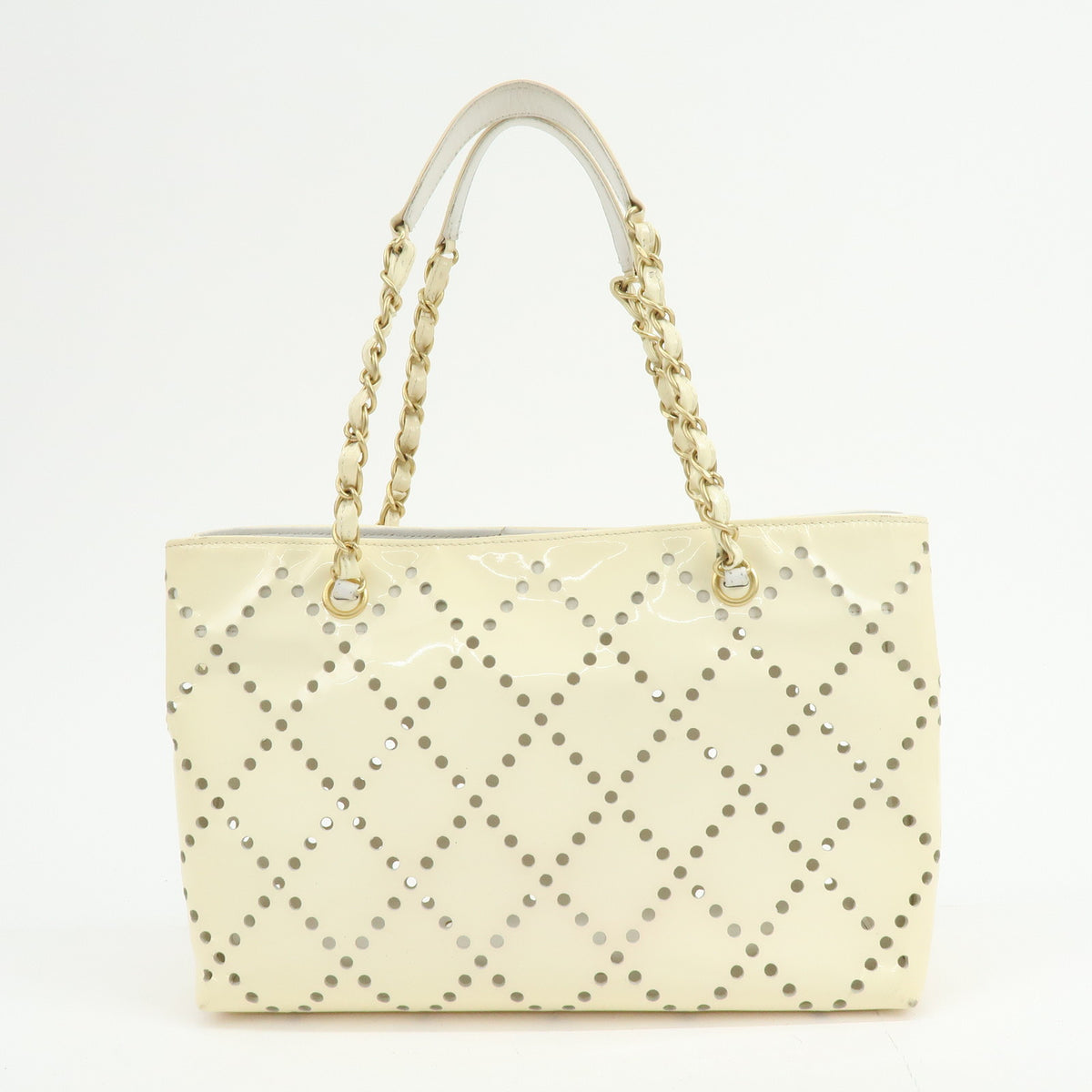 CHANEL COCO Mark Perforated Patent Leather Chain Shoulder Bag Ivory