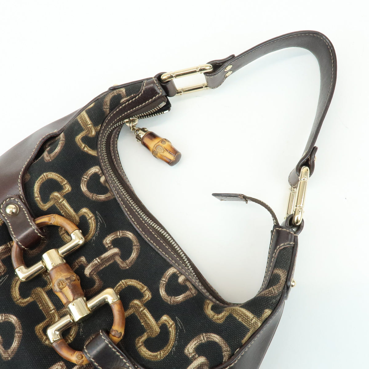 GUCCI Bamboo Horsebit Canvas Leather Shoulder Bag Dark Brown 154378