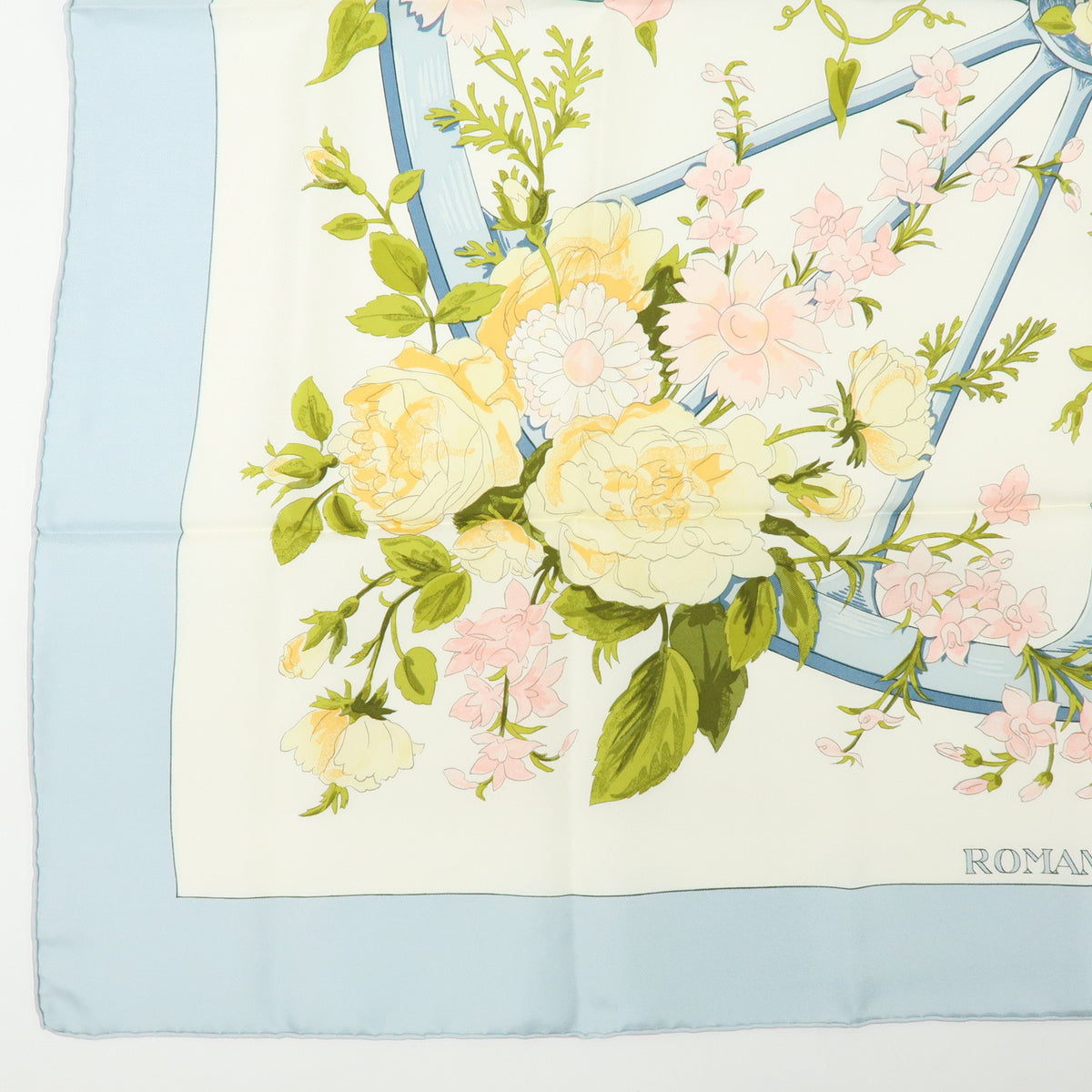 HERMES Carre 90 Silk 100% Scarf ROMANTIQUE Light Blue Light Green Pink