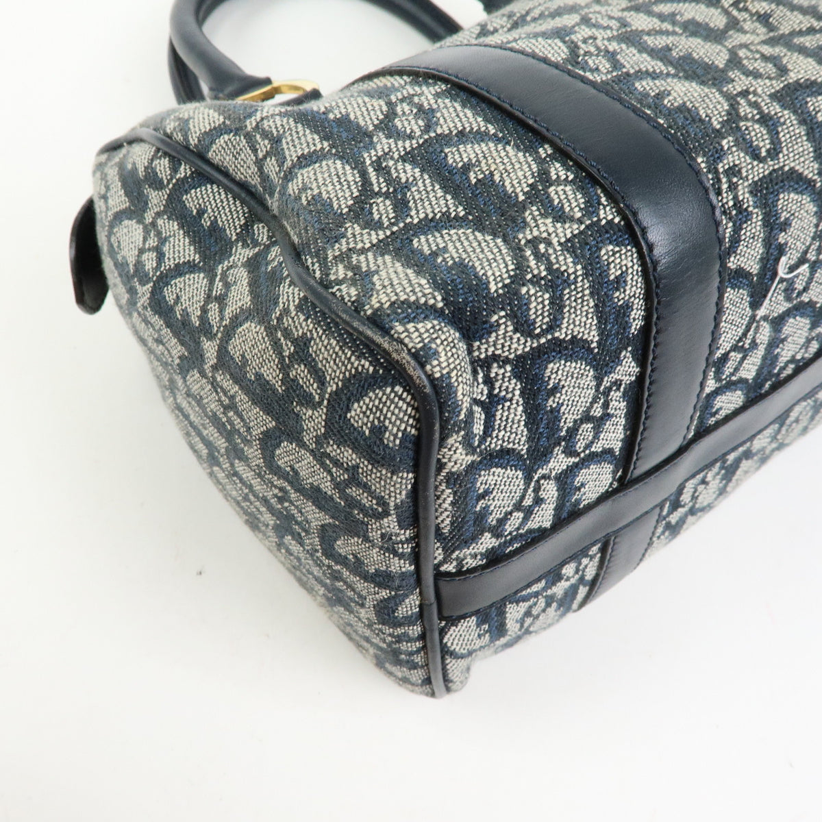 Christian Dior Trotter Jacquard Canvas Leather Boston Bag Hand Bag Navy