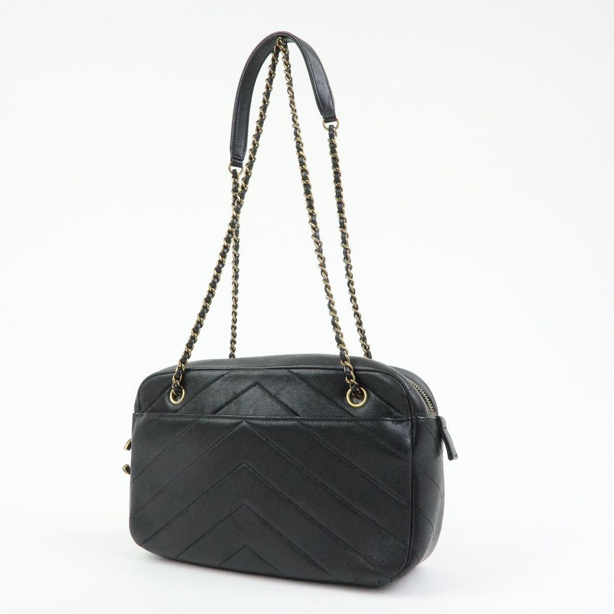CHANEL Chevron Calf Leather Chain Shoulder Crossbody Bag Balck