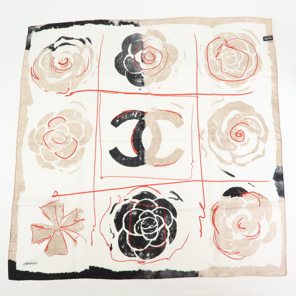 CHANEL COCO Mark Camellia Silk 100% Scarf White Black Red Beige