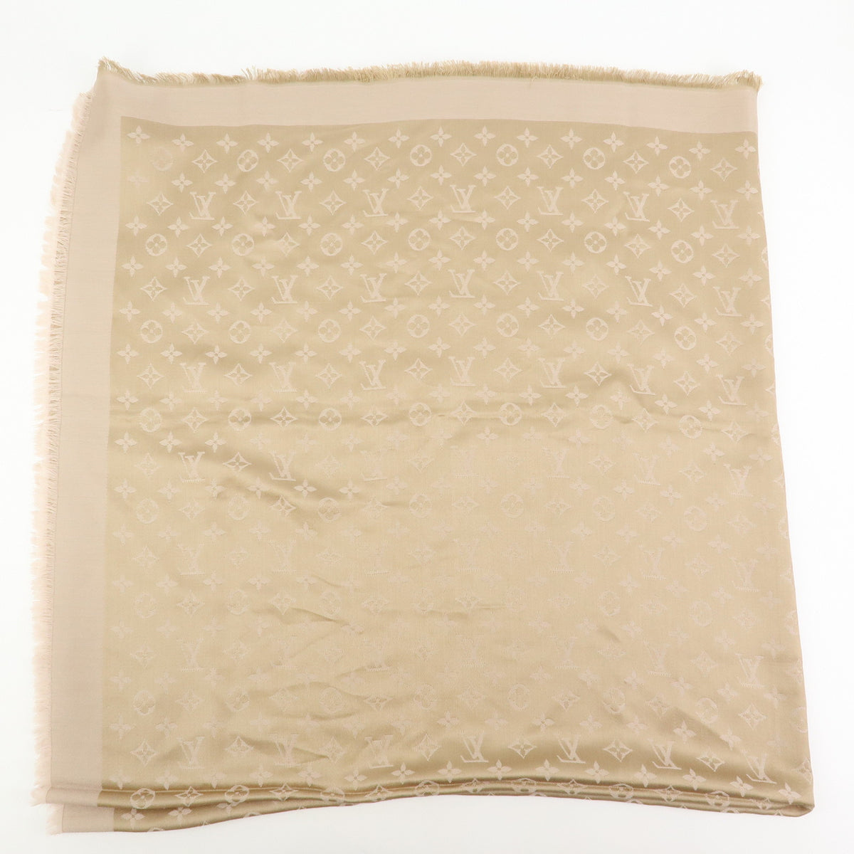 Louis Vuitton Monogram Shine Silk Wool Scarf Shawl Fringe Greige M75121