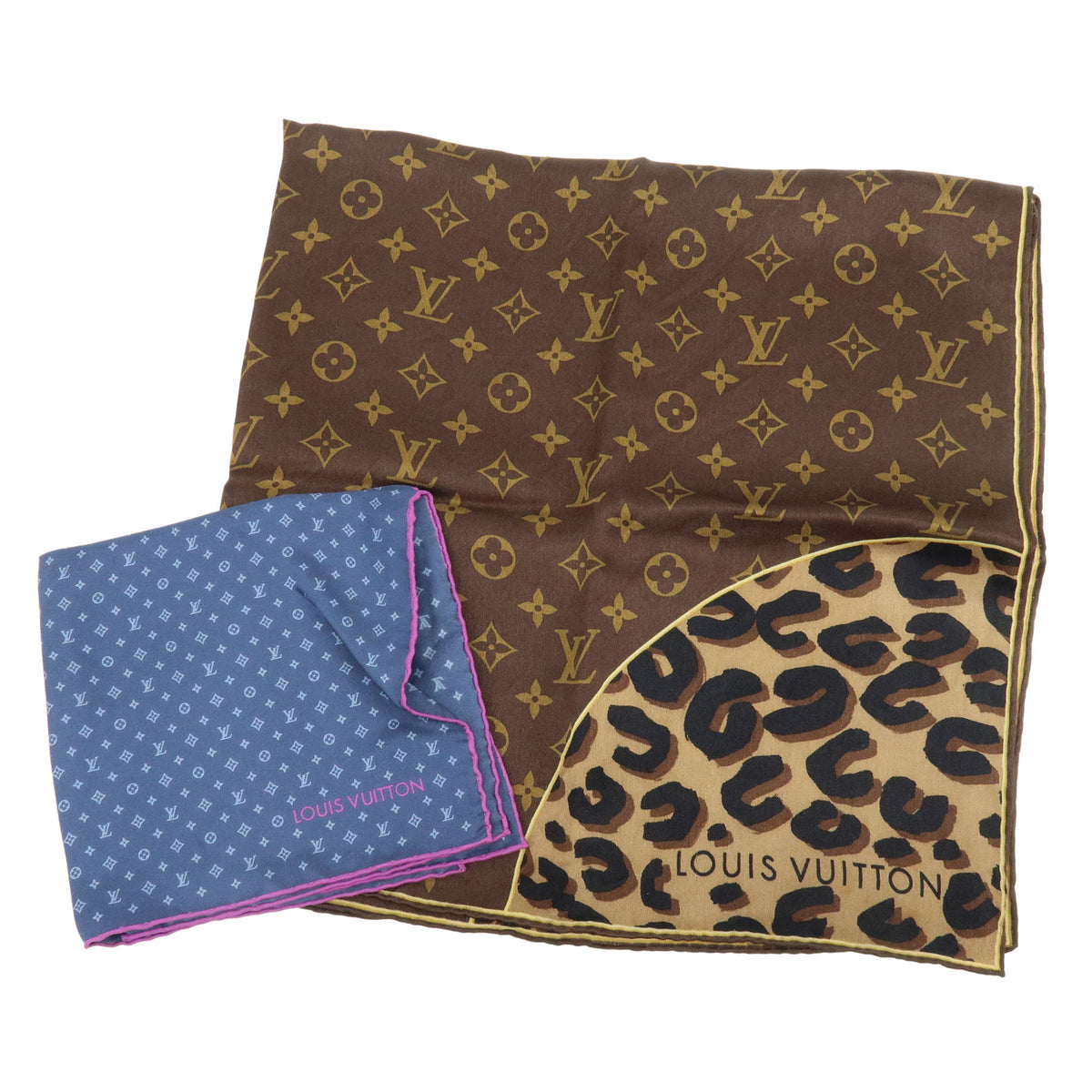 Louis Vuitton Monogram Lot of 2 Silk 100% Scarf Brown Navy