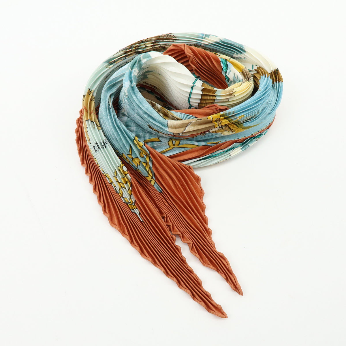 HERMES Silk100% Pleated Carre Scarf GRONLAND Brown Light Blue