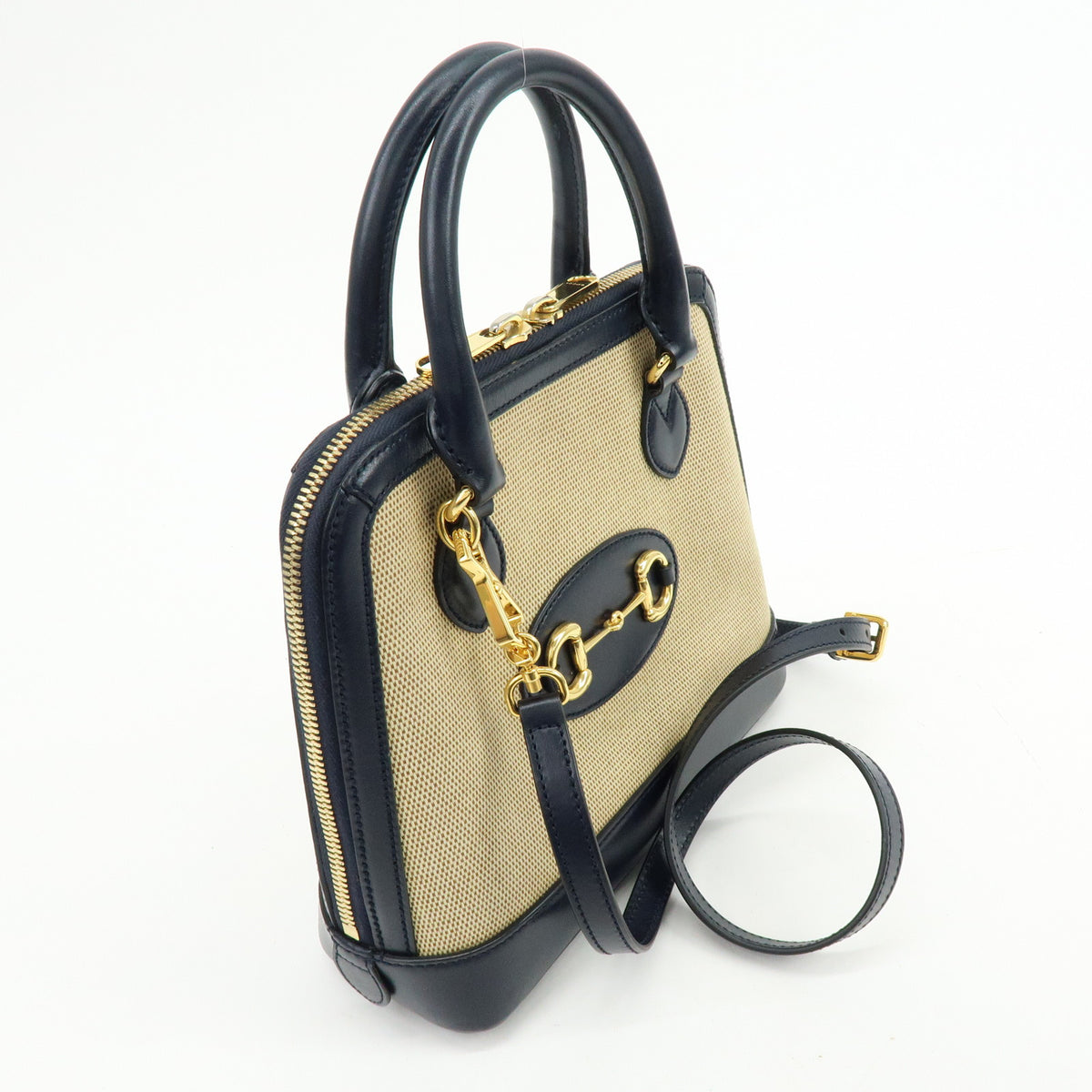 GUCCI Horsebit 1955 Small Top Handle 2Way Hand Bag Beige Navy 621220
