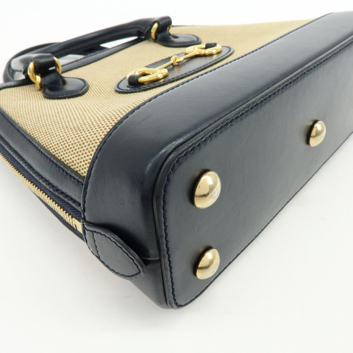 GUCCI Horsebit 1955 Small Top Handle 2Way Hand Bag Beige Navy 621220