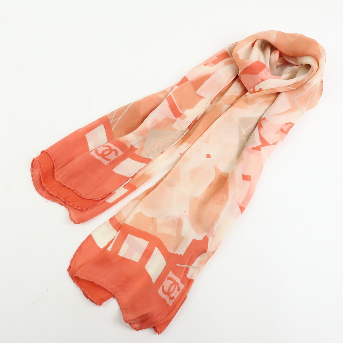 CHANEL COCO Mark Silk 100% Scarf Pink Orange White