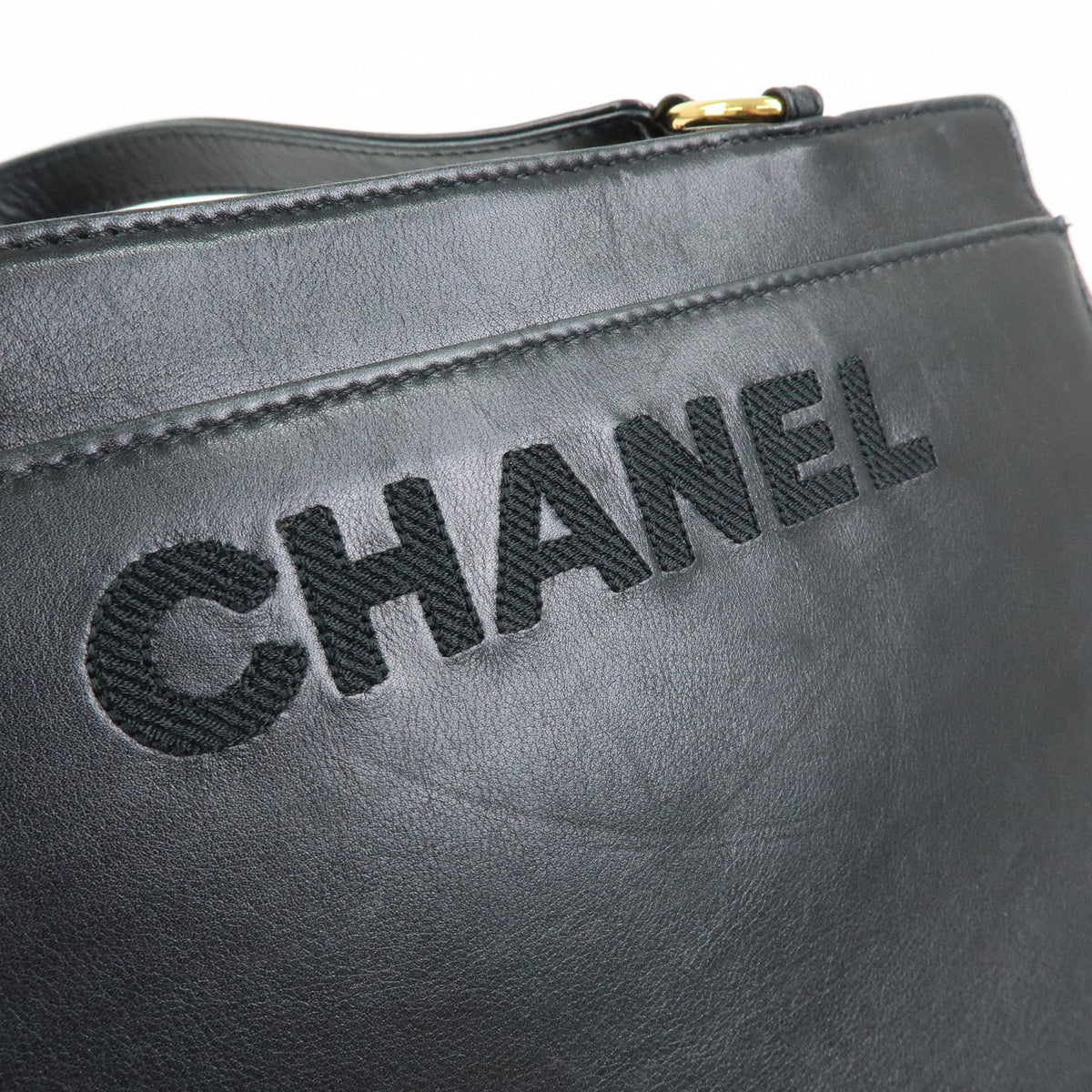CHANEL Logo Lamb Skin Tote Bag Hand Bag Black
