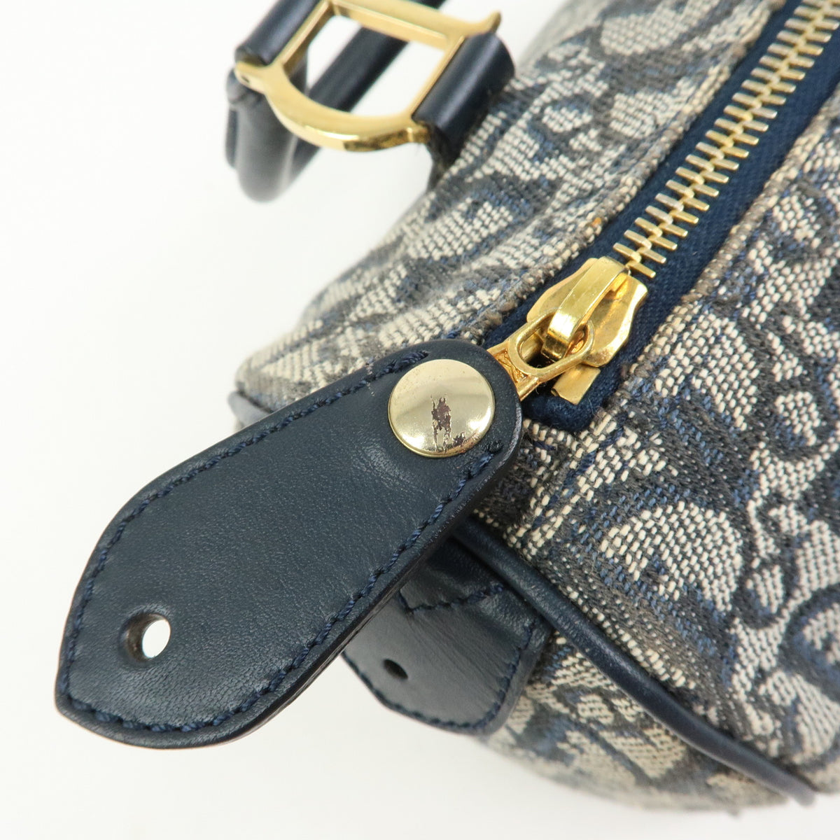 Christian Dior Trotter Jacquard Canvas Leather Boston Bag Hand Bag Navy