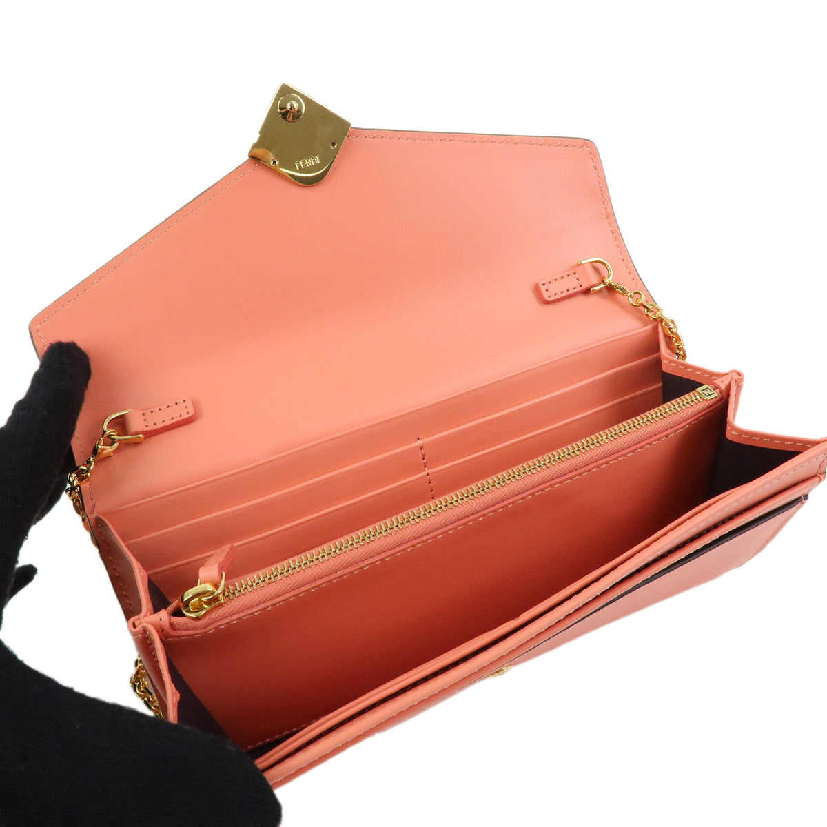 FENDI FF Diamond Leather Chain Long Wallet WOC Pink 8M0365