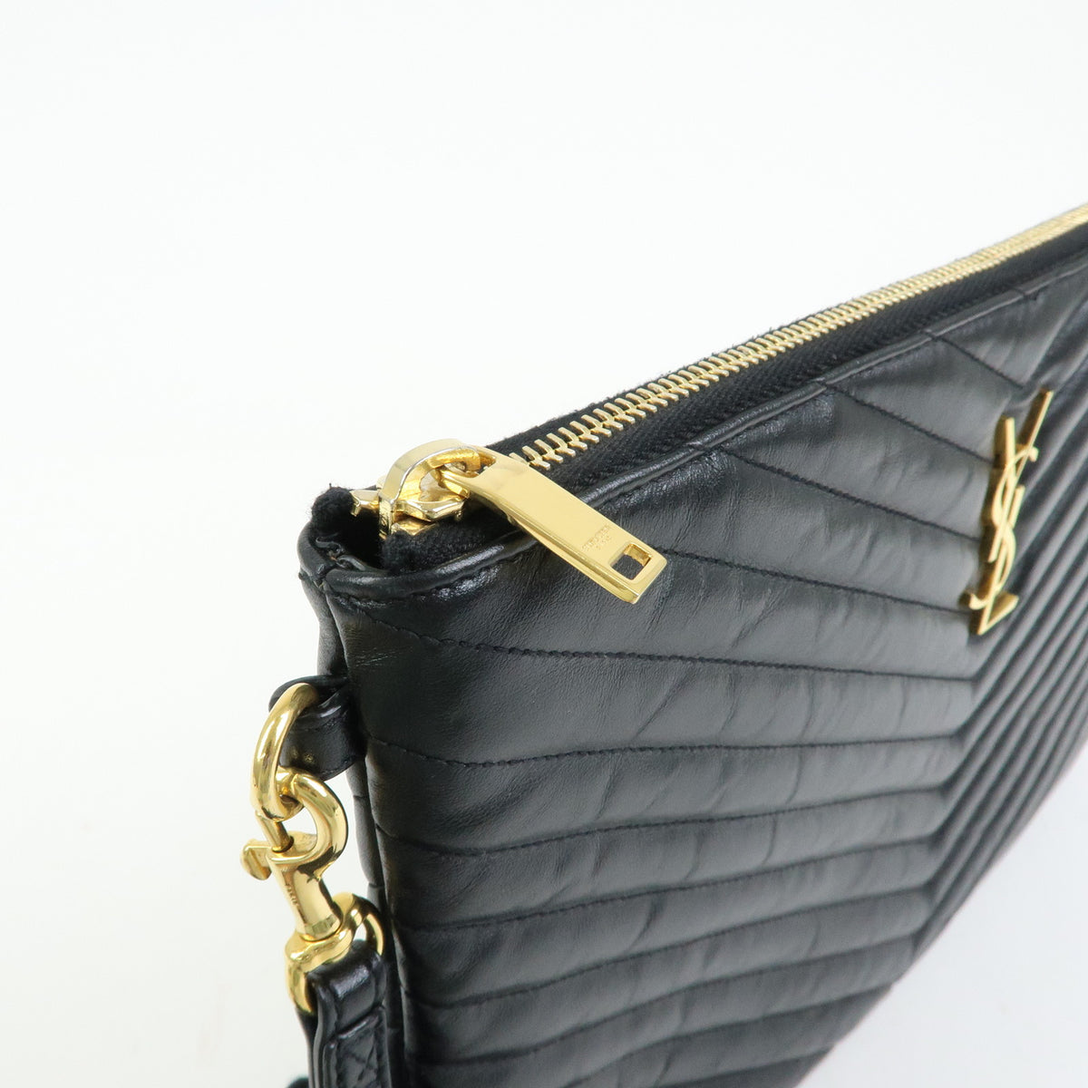SAINT LAURENT PARIS V Stitch Leather Clutch Bag Flat Pouch Black