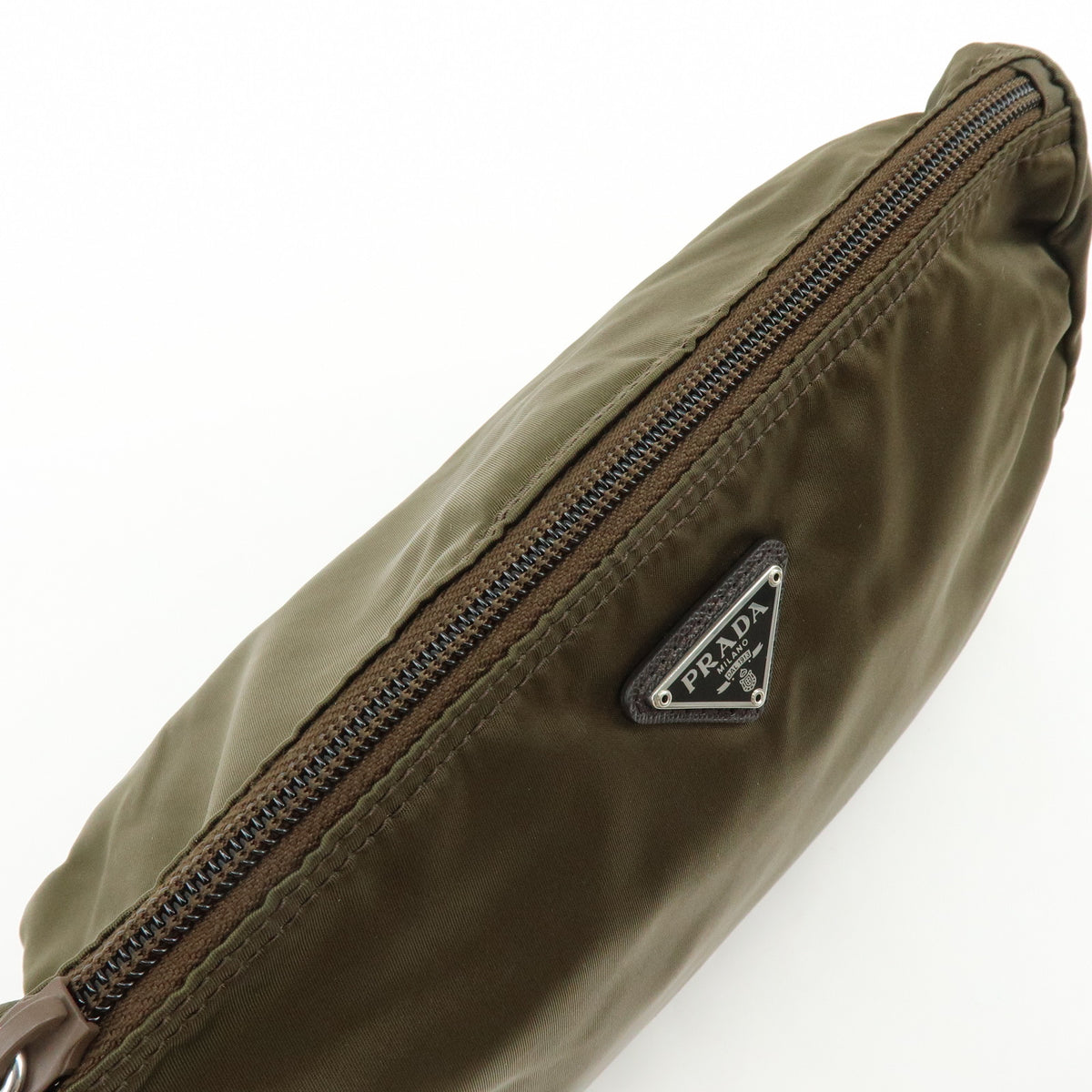 PRADA Triangle Logo Nylon Cosmetic Pouch Makeup Case Khaki Brown 1NA012