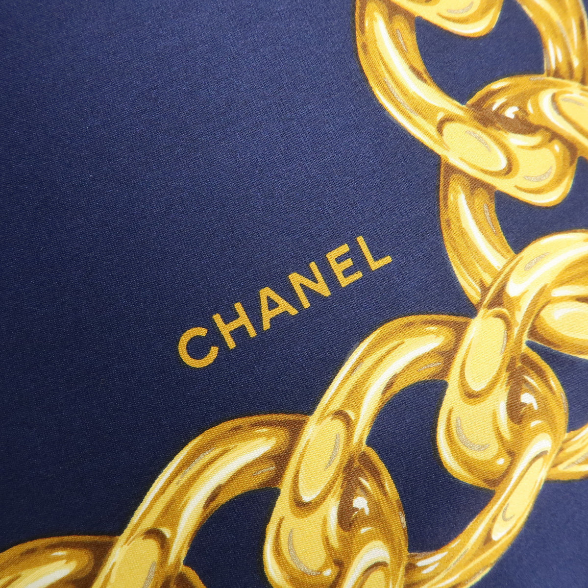 CHANEL COCO Mark Silk 100% Scarf Navy Yellow White