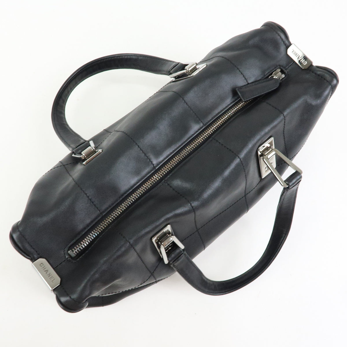 CHANEL Chocolate Bar Lamb Skin Mini Boston Bag Hand Bag Black A19989