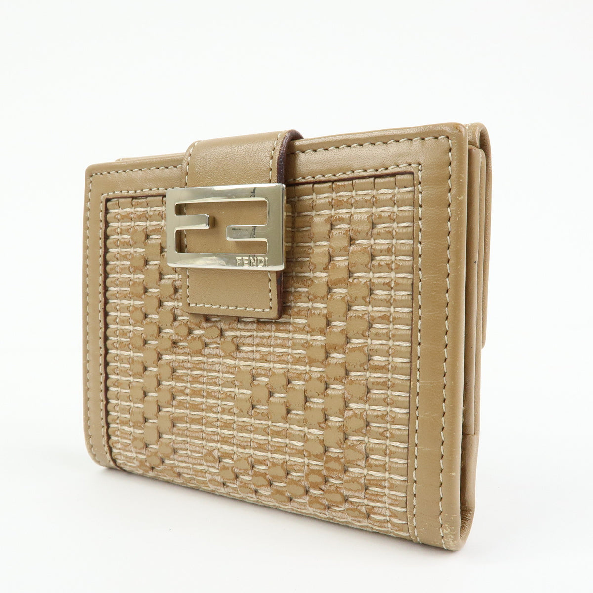 FENDI Logo Leather Bi-fold Compact Wallet Brown Gold 8M0188