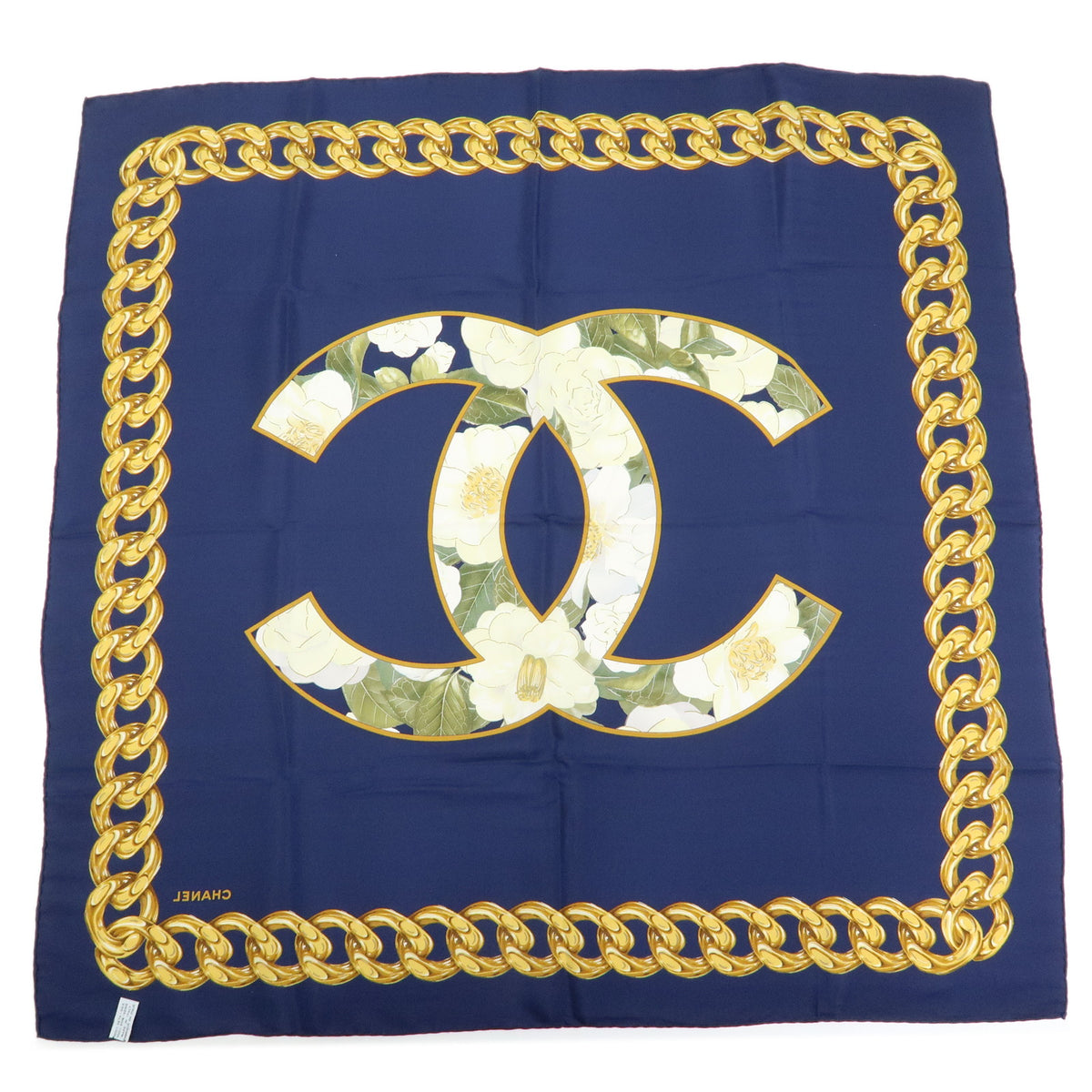 CHANEL COCO Mark Silk 100% Scarf Navy Yellow White