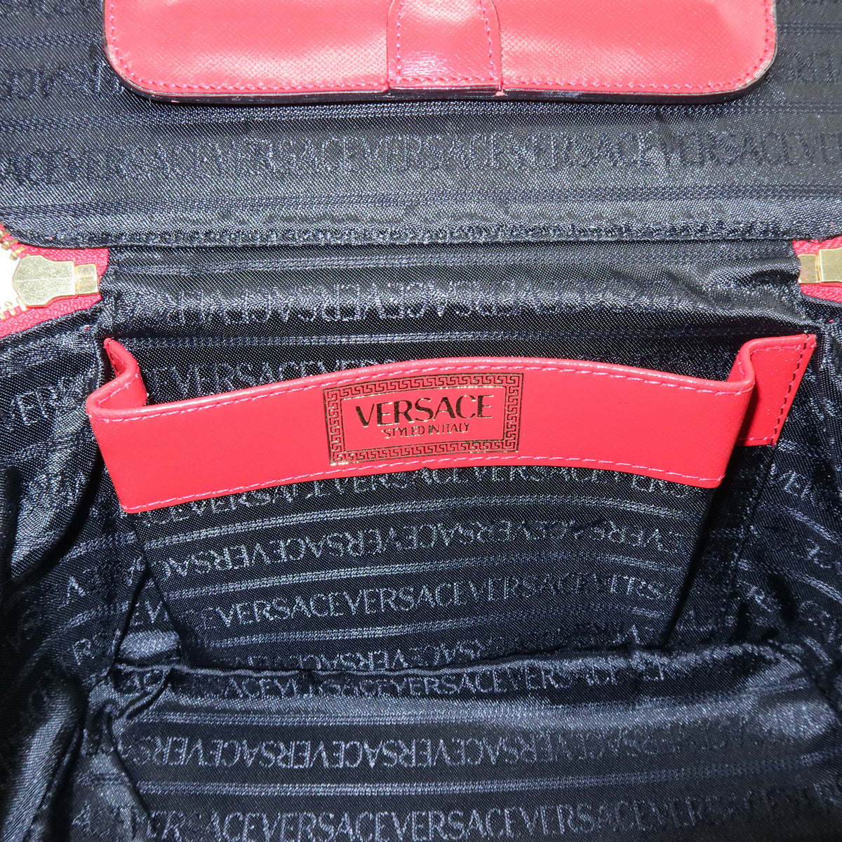 GIANNI VERSACE Leather Hand Bag Vanity Case Sunburst Charm Red