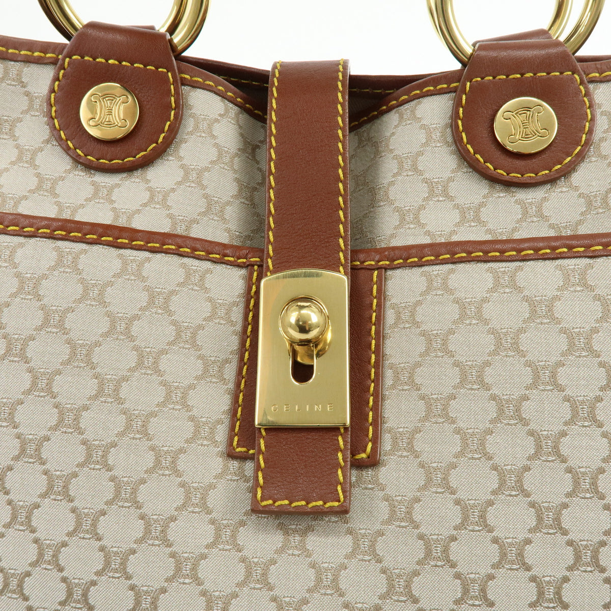 CELINE Macadam Canvas Leather Tote Bag Hand Bag Beige Brown
