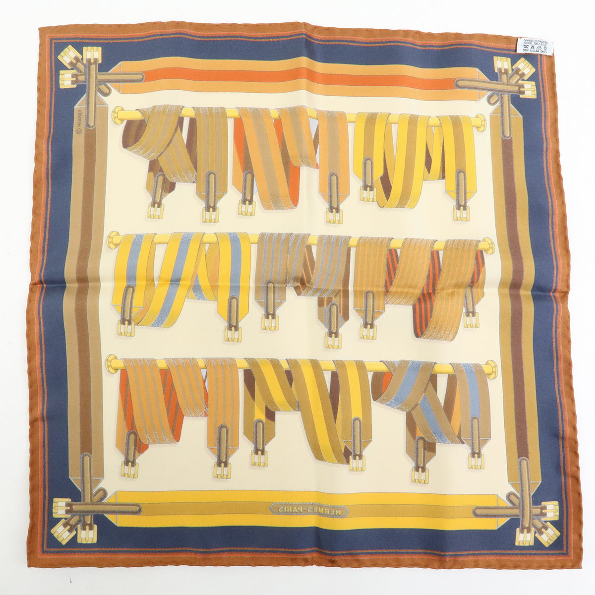 HERMES Carre 42 Silk 100% Scarf LES SANGLES Orange Brown Yellow