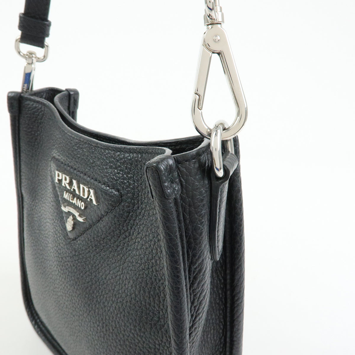 PRADA Triangle Logo Vitello Daino Leather Shoulder Bag Black 1BH191
