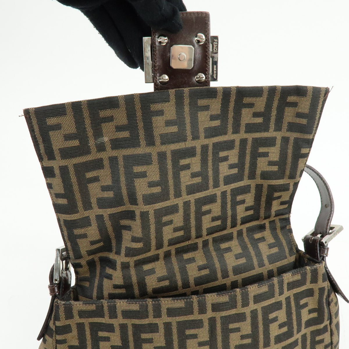 FENDI Mamma Baguette Zucca Canvas Leather Shoulder Bag Brown 26325