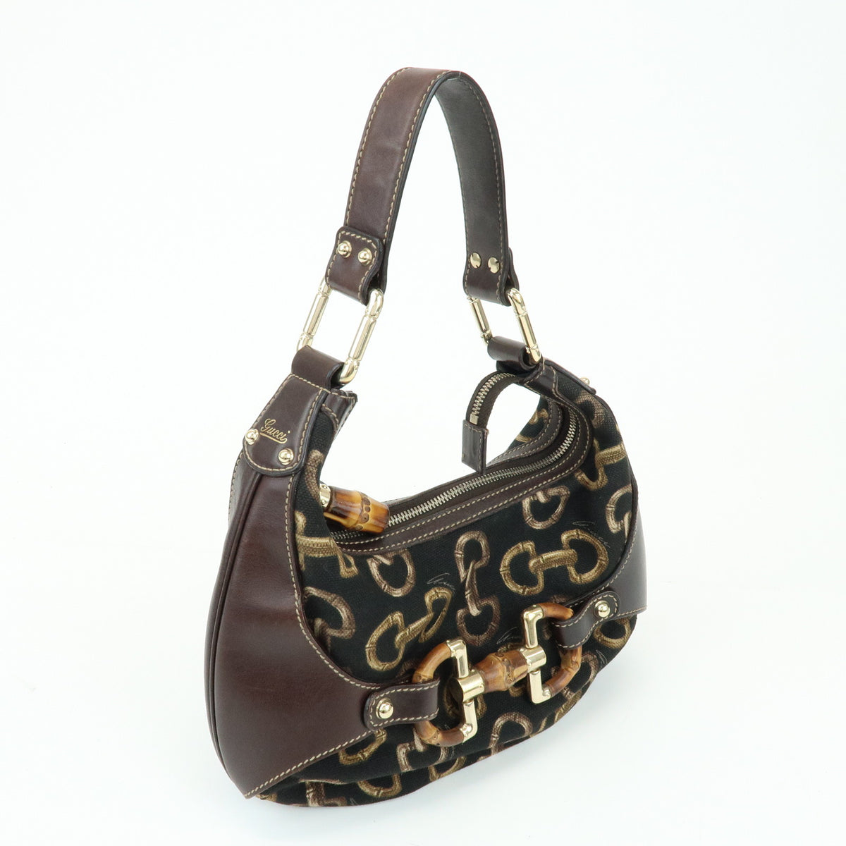 GUCCI Bamboo Horsebit Canvas Leather Shoulder Bag Dark Brown 154378