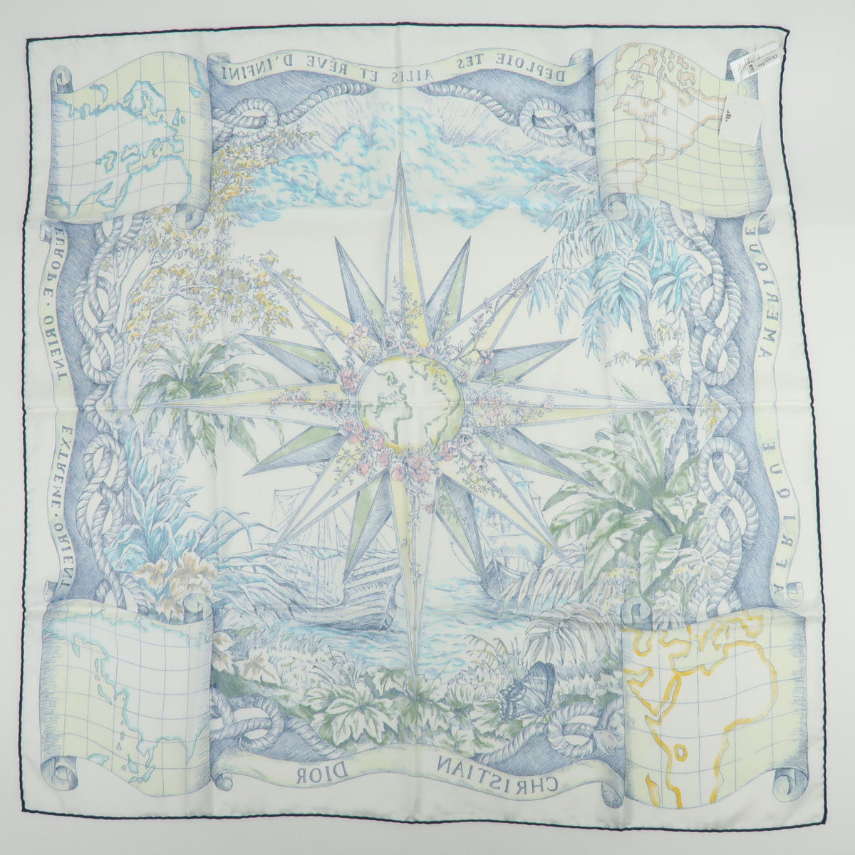 Christian Dior Silk 100% Scarf White Navy Blue Yellow