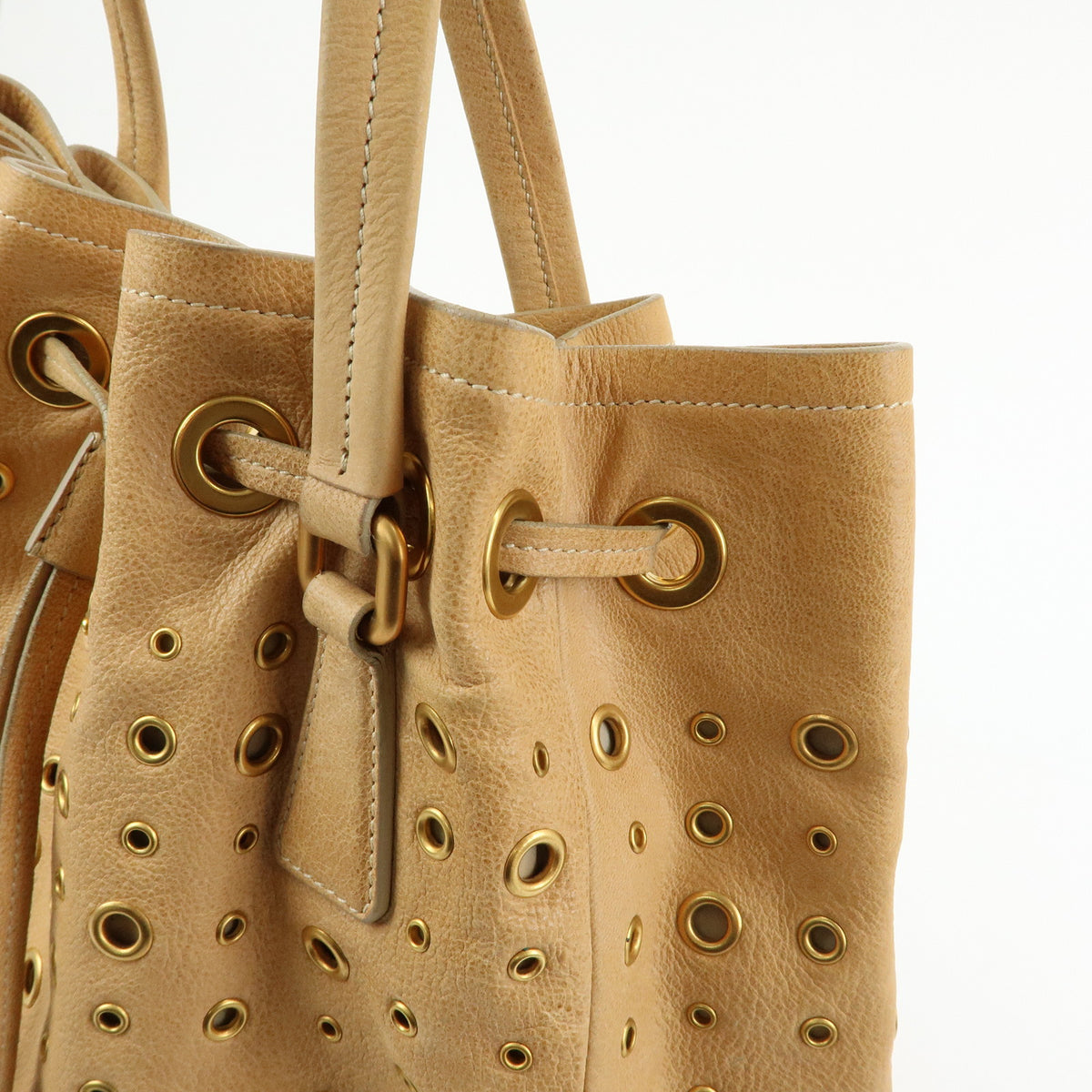 PRADA Triangle Logo Perforated Leather Tote Bag Tassel Beige BR3552
