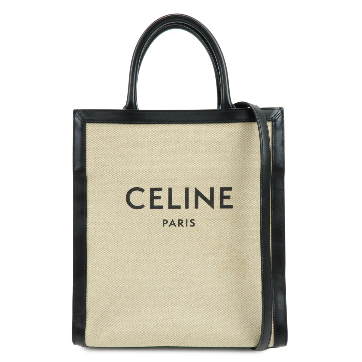 CELINE Small Verical Cabas Canvas Leather 2WAY Bag Tote Bag Beige Black