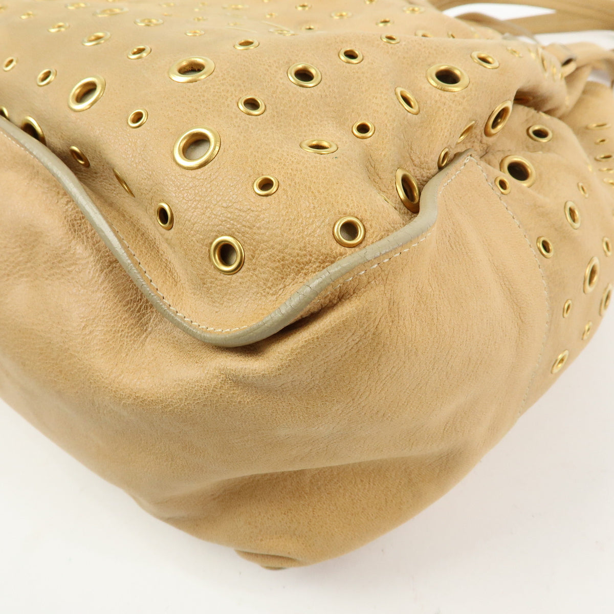 PRADA Triangle Logo Perforated Leather Tote Bag Tassel Beige BR3552