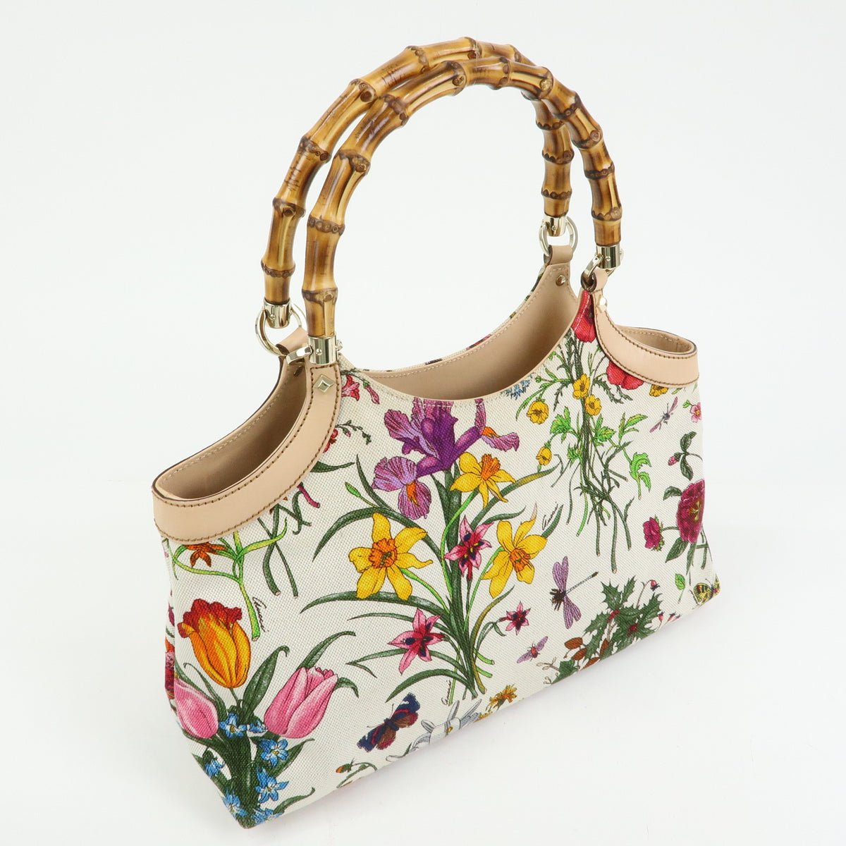 GUCCI Flora Bamboo Canvas Leather Shoulder Bag Hand Bag 137395