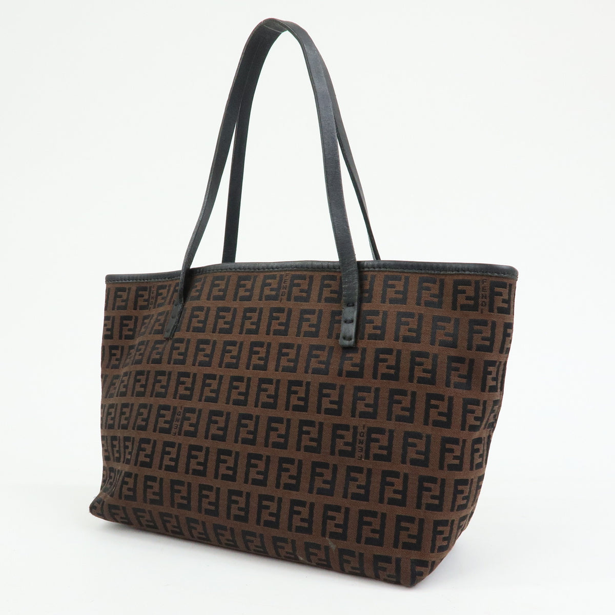 FENDI Zucchino Canvas Leather Tote Bag Hand Bag Brown Black 8BH075