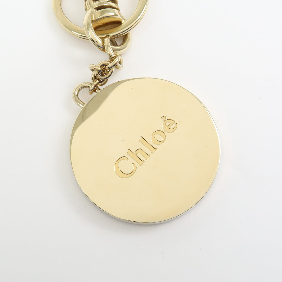 Chloe Logo Metal Leather Bag Charm Key Charm Key Chain Gold Beige