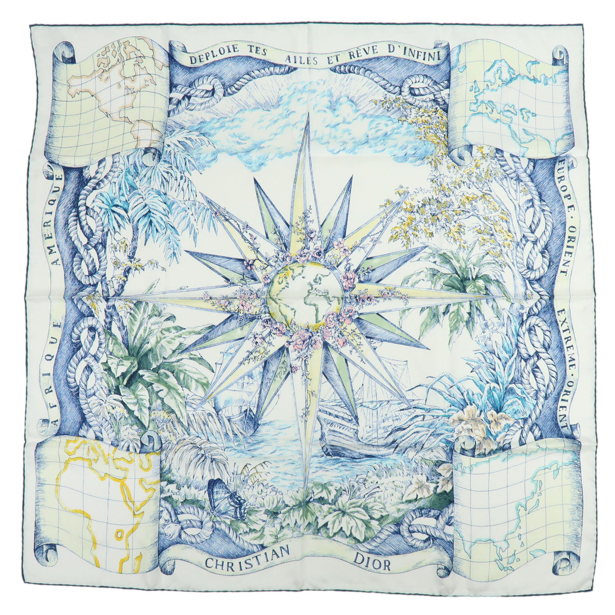 Christian Dior Silk 100% Scarf White Navy Blue Yellow