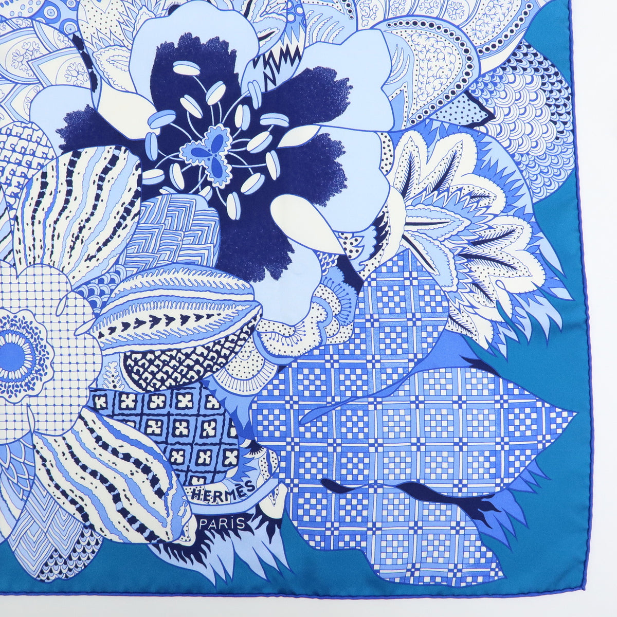 HERMES Carre 90 Silk Scarf 100% FLEURS DINDIENNES Blue White