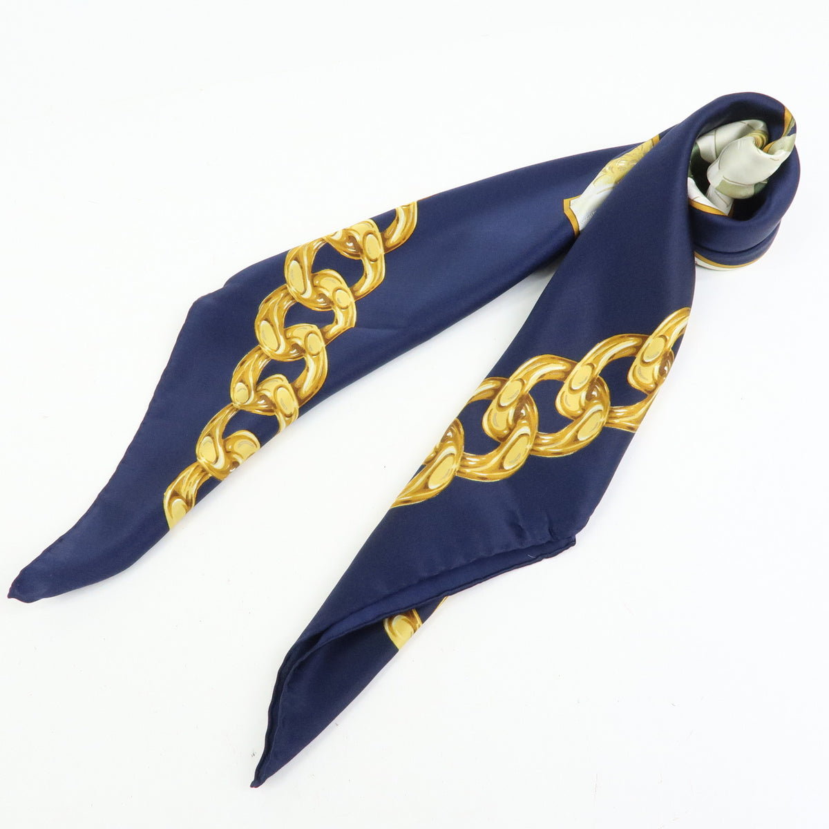 CHANEL COCO Mark Silk 100% Scarf Navy Yellow White