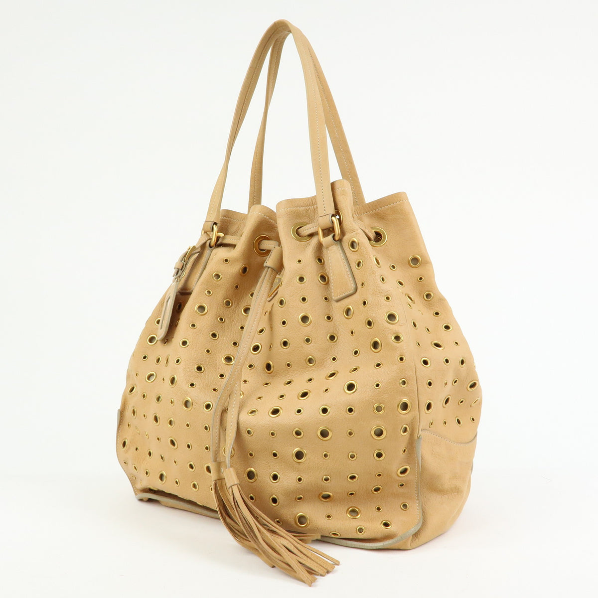 PRADA Triangle Logo Perforated Leather Tote Bag Tassel Beige BR3552