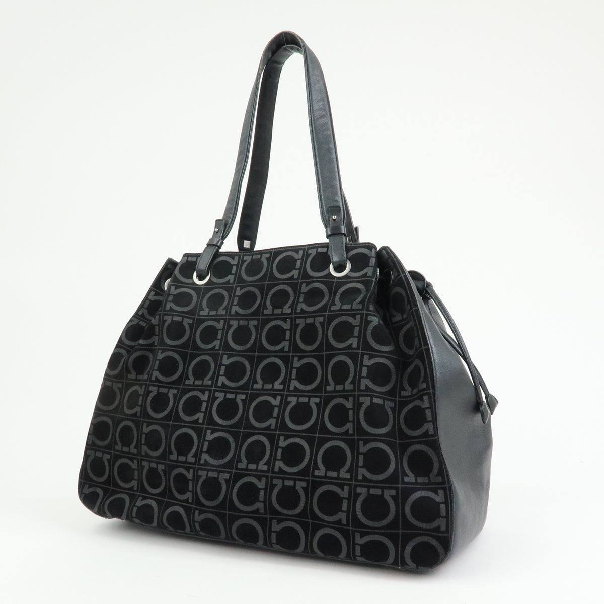 Ferragamo Gancini Suede Leather Shoulder Bag Tote Bag Black