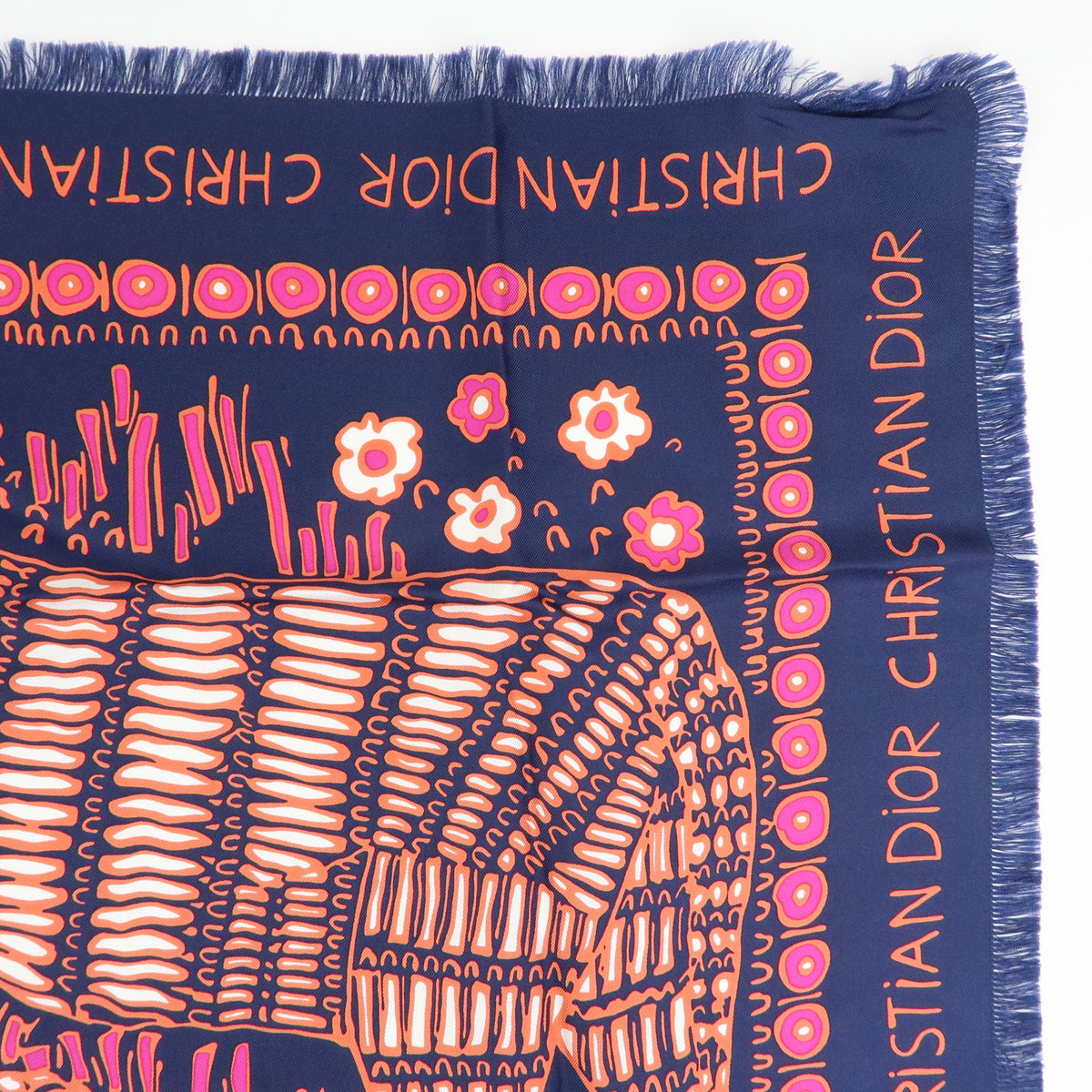Christian Dior Silk 100% Lion Geometric pattern Scarf Navy