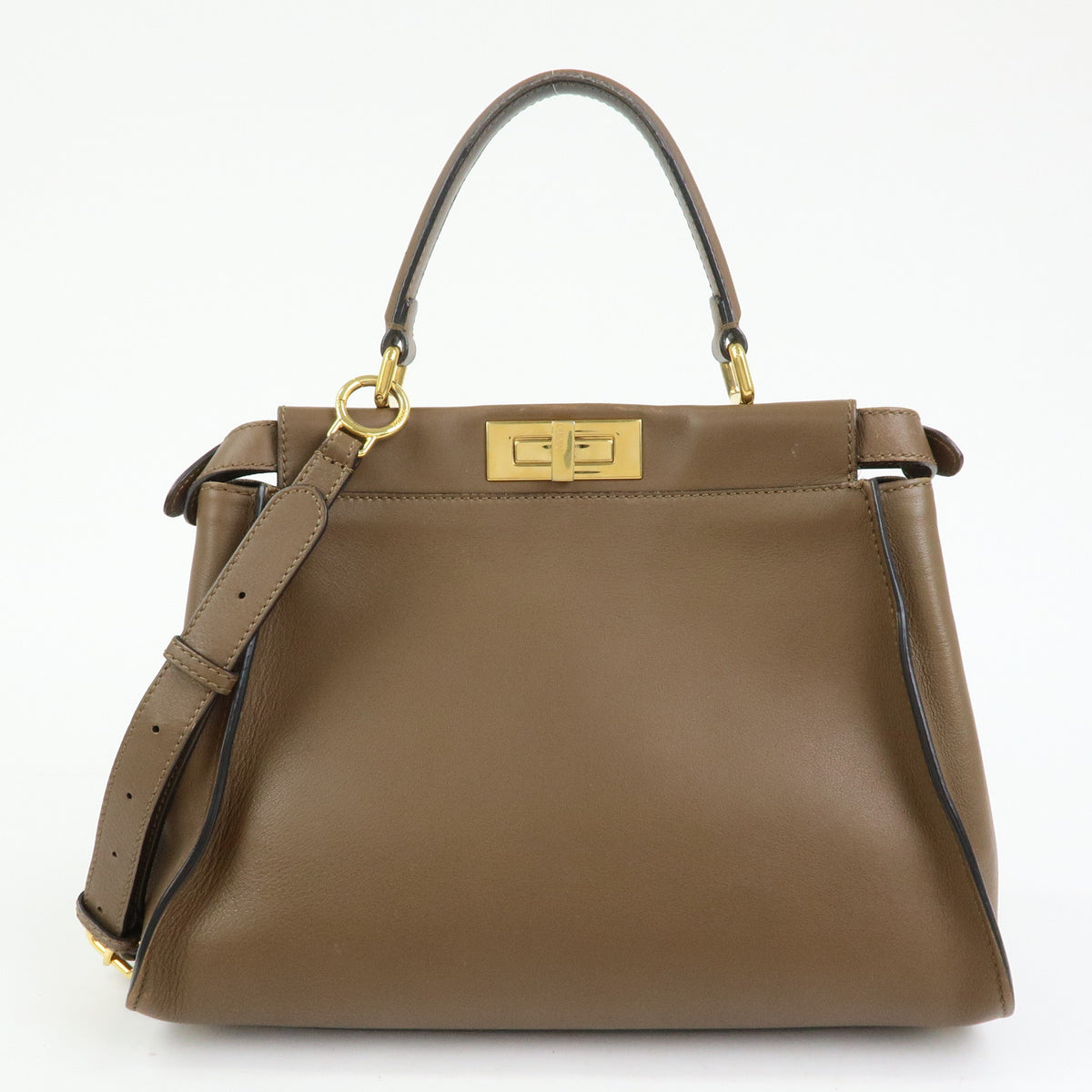 FENDI Peekaboo Medium Leather 2Way Hand Bag Shoulder Bag Brown 8BN290