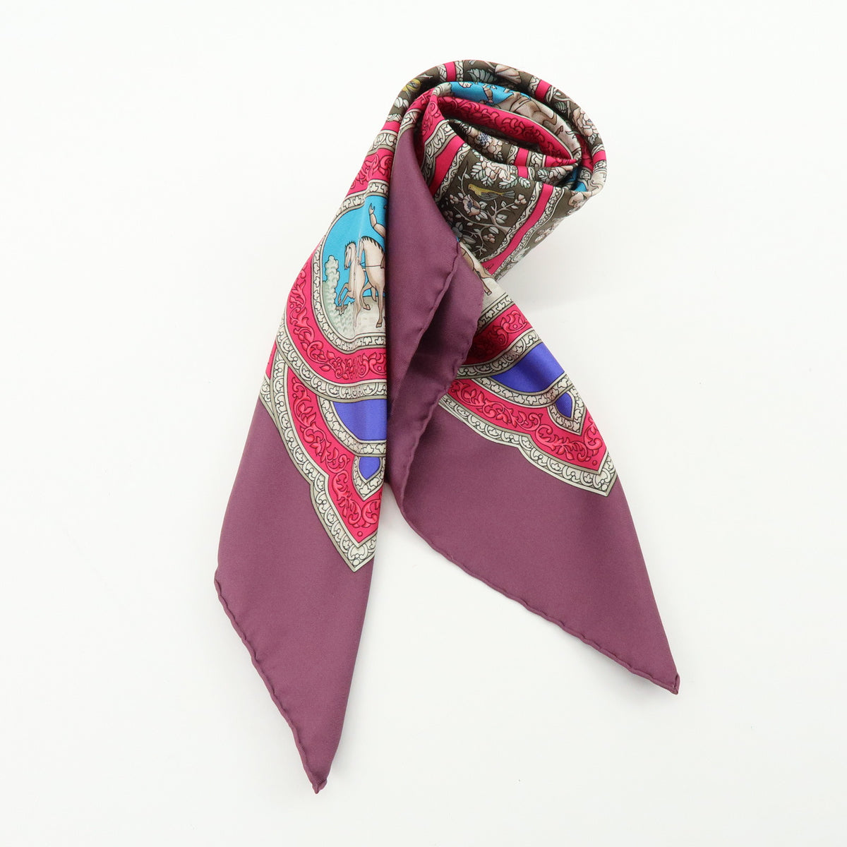 HERMES Carre 90 Silk 100% Scarf QALAMDAN Purple Brown Blue