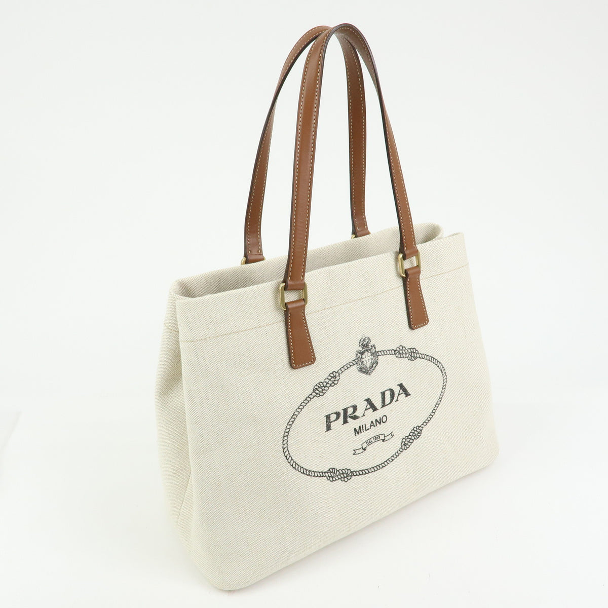 PRADA Logo Linen Leather Tote Bag Shoulder Bag Natural Brown 1BG356