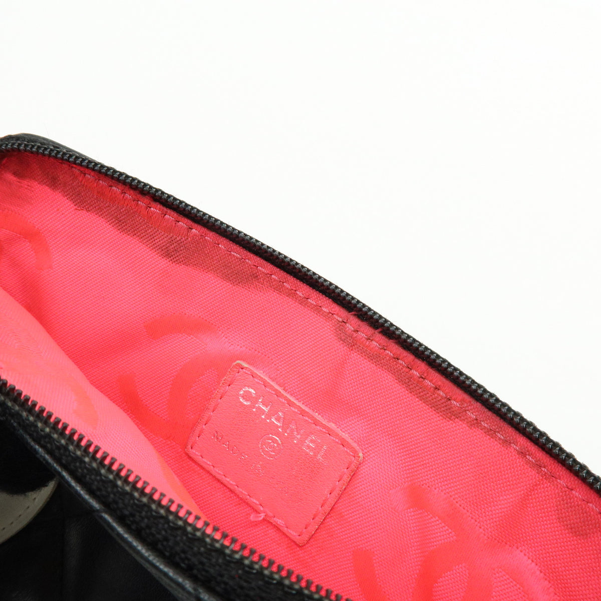 CHANEL Cambon Line COCO Mark Calf Skin Cosmetic Pouch Black White
