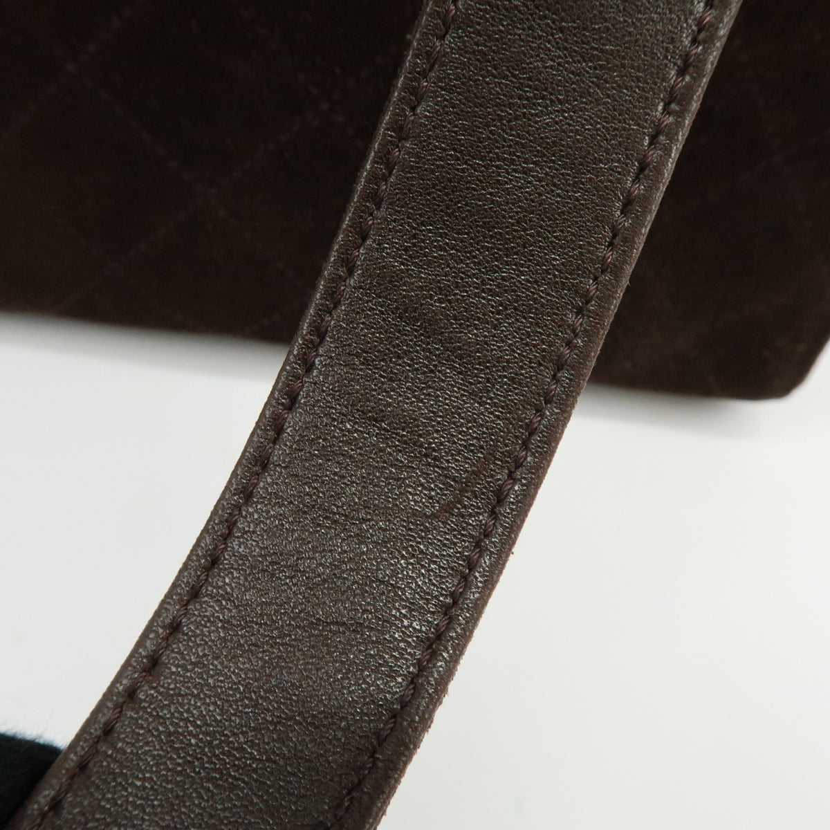 CHANEL Logo Plate Quilting Suede Leather Shoulder Bag Dark Brown Black