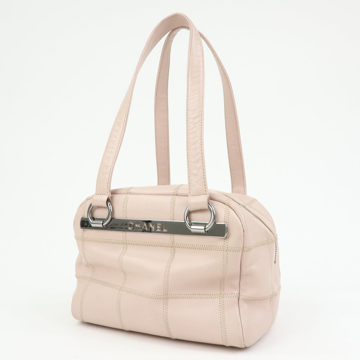 CHANEL Logo Chocolate Bar Caviarskin Shoulder Bag Hand Bag Pink