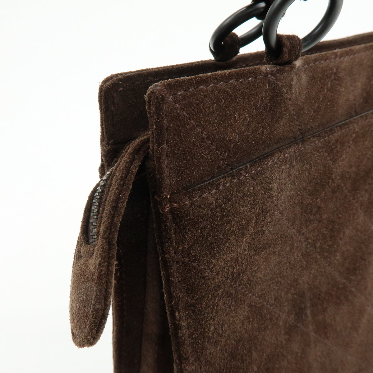 CHANEL Logo Plate Quilting Suede Leather Shoulder Bag Dark Brown Black