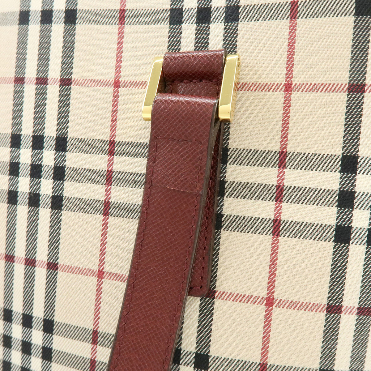 BURBERRY Nova Plaid Canvas Leather Tote Bag Shoulder Bag Beige Wine Red